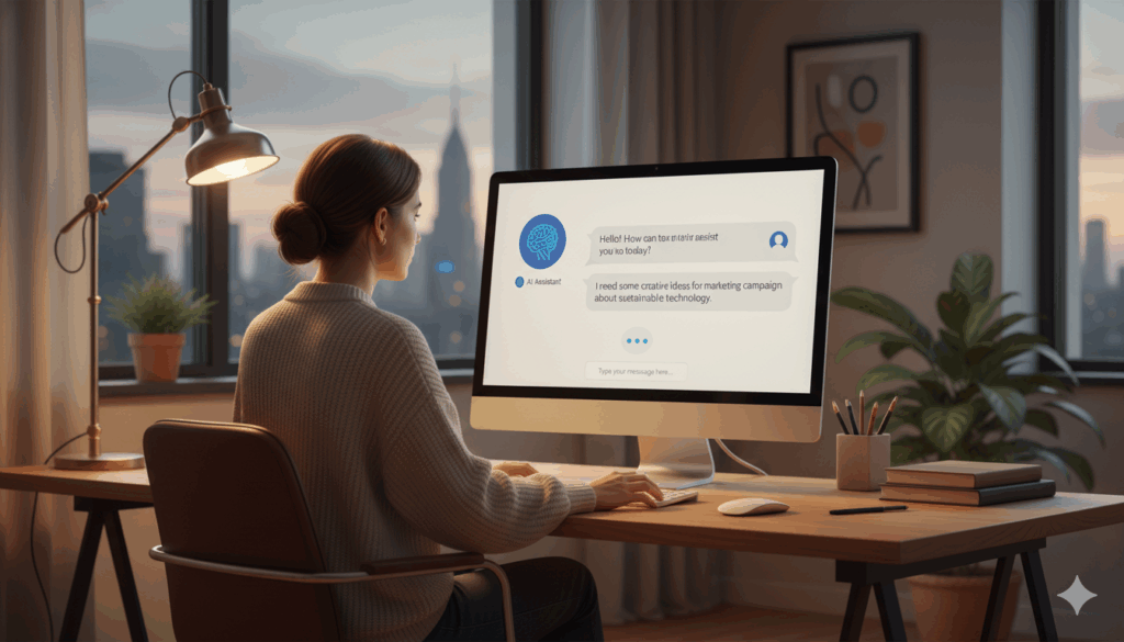 컴퓨터 앞에서 AI 챗봇과 대화하는 사람