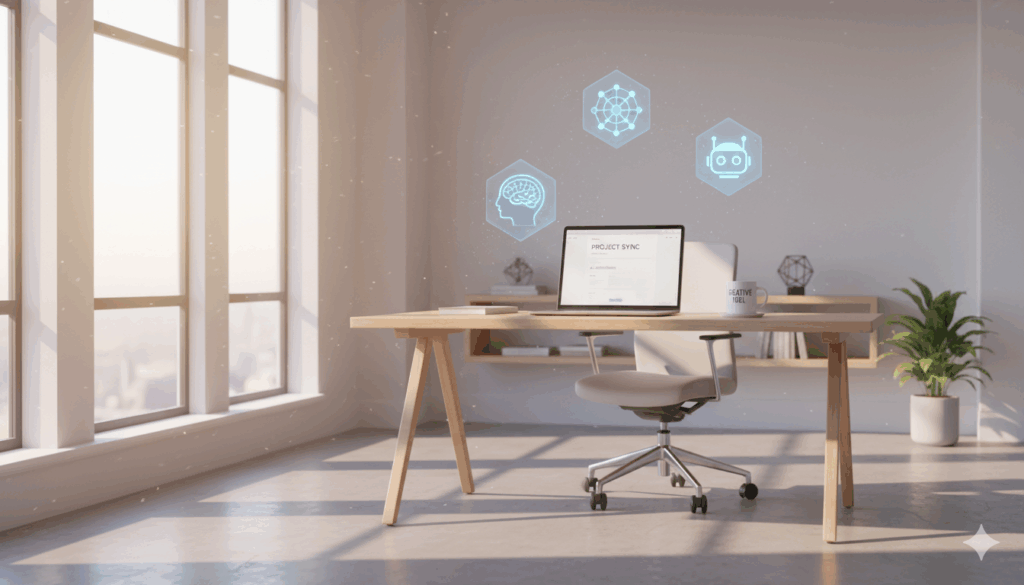 책상 위 노트북과 커피, AI 아이콘이 떠 있는 현대적인 작업 공간
