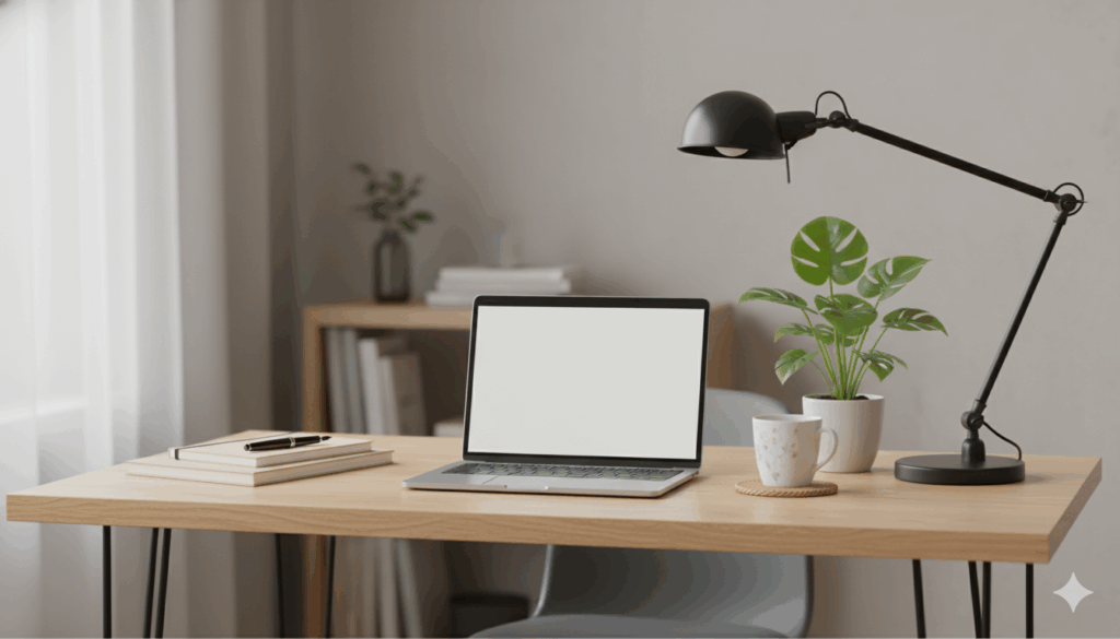 책상 위를 정리하고 식물 한 화분만 두어 시각 자극을 줄인 모습