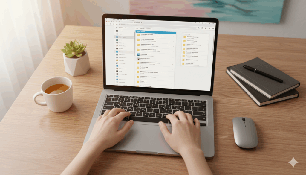 메일함을 정리하는 사람의 손과 노트북 화면