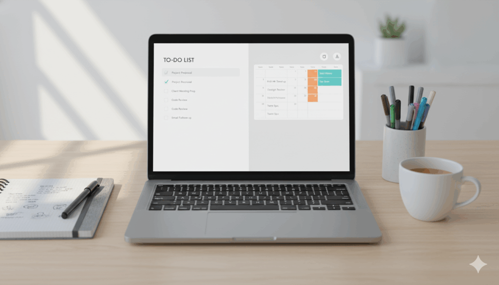 집안일 체크리스트를 컴퓨터로 정리하는 모습