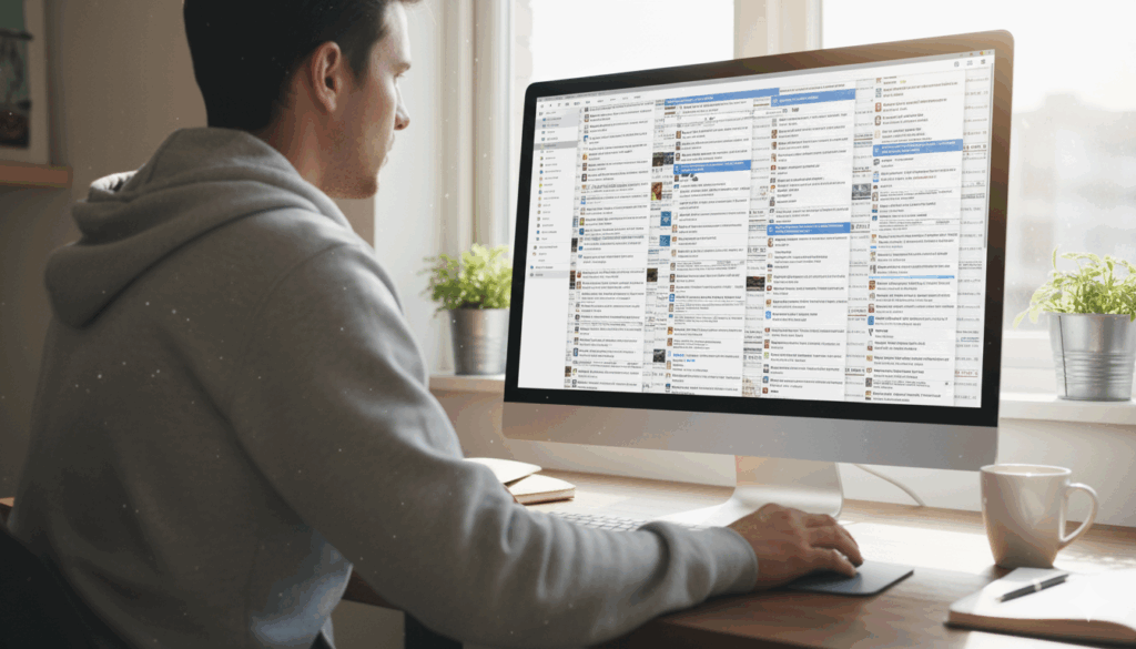 읽지 않은 메일이 가득한 받은편지함을 정리하는 사람의 모습
