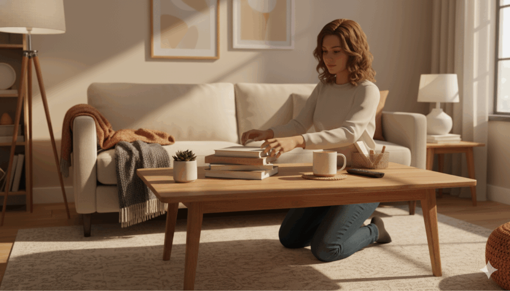 거실 테이블 위 물건을 정리하는 모습, 조명 켜진 아늑한 공간