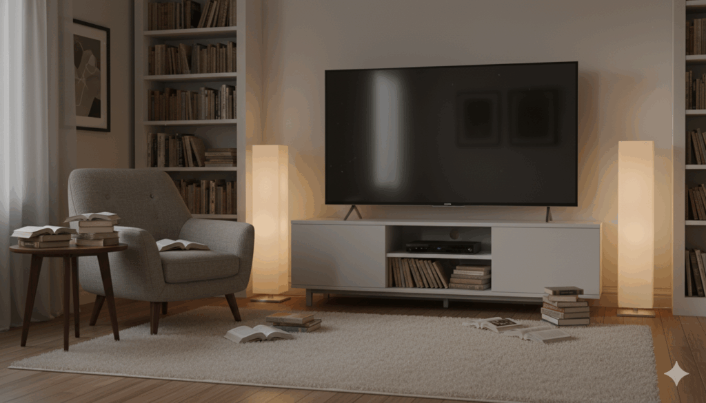 스크린을 끄고 조명과 책만 있는 조용한 거실