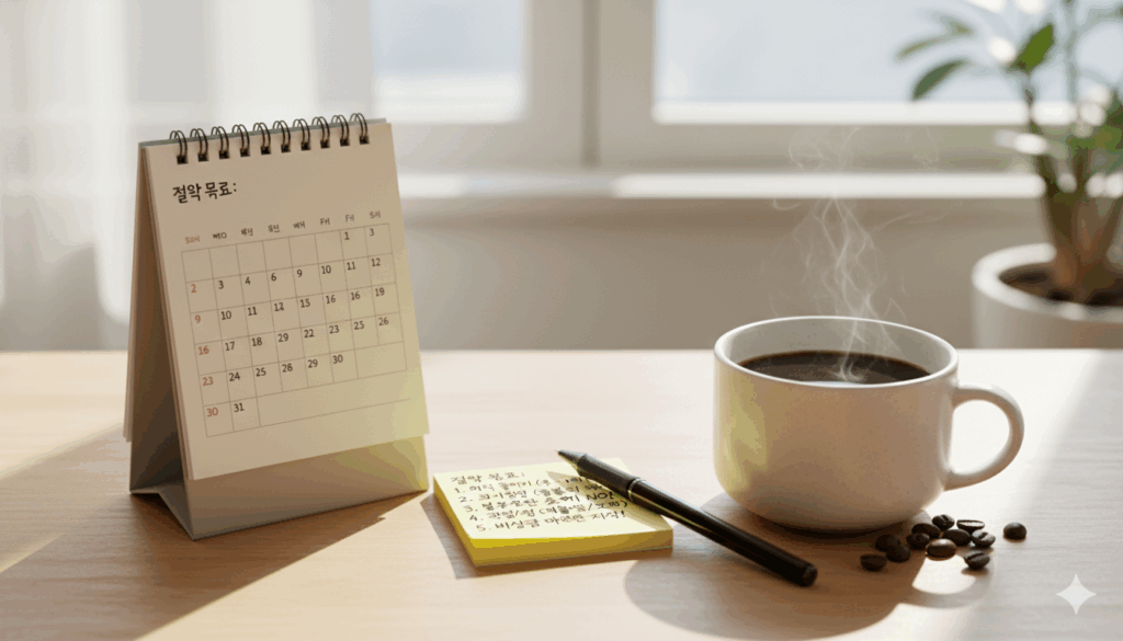 절약 루틴을 세우기 위해 달력과 메모지에 목표를 적는 장면