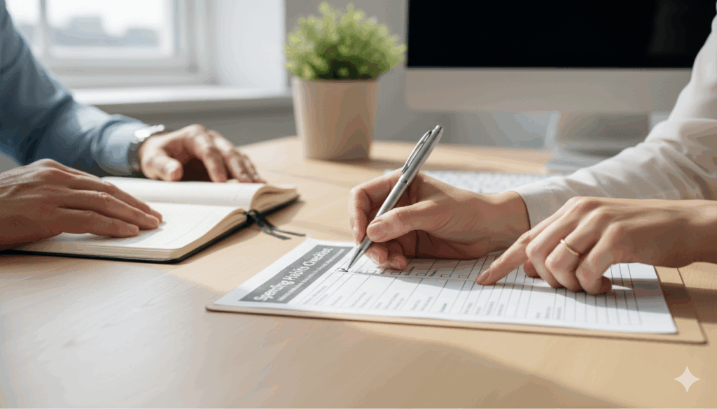 책상 위에서 소비습관 점검표를 작성하며 자신의 지출 패턴을 진단하는 사람의 모습