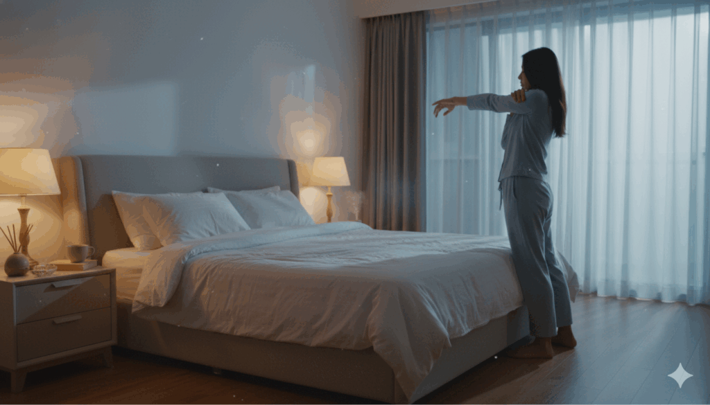 취침 전 간단한 스트레칭과 호흡으로 이완하는 모습