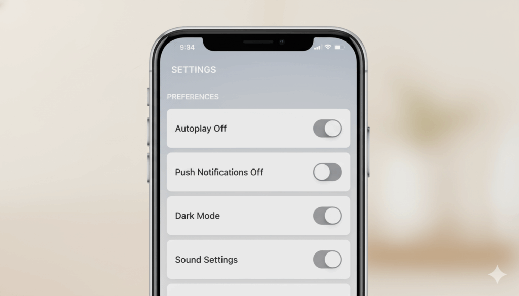 스마트폰에서 SNS 자동재생과 알림을 비활성화하는 설정 화면 예시