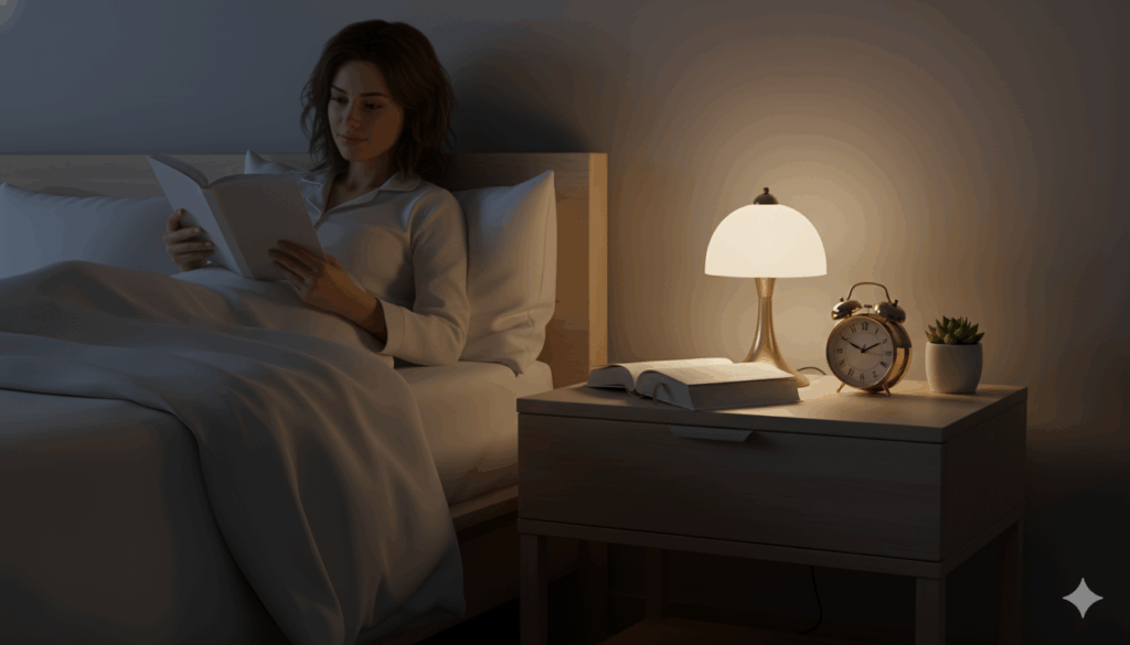 침대 머리맡 탁자에 스마트폰 대신 책과 무드등을 둔 모습